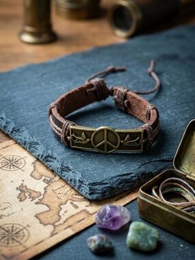 Hand Crafted Brown Leather Bracelet with Bronze Peace Sign